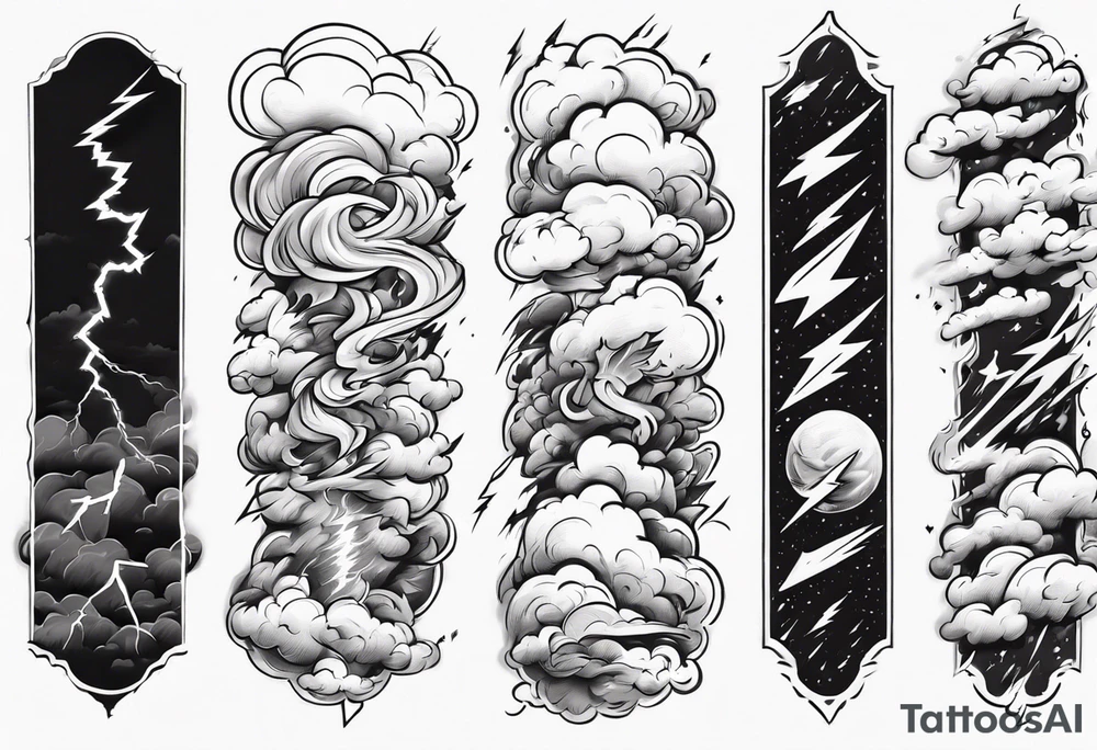forearm sleeve lightning and clouds pattern tattoo idea