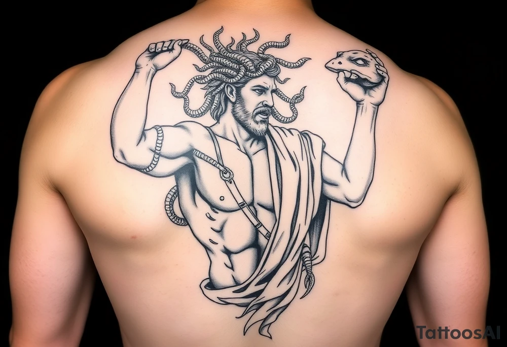 Perseus the Greek hero, holding Medusa’s severed head in victory, black and white and a part of a leg sleeve. Medusa the Greek monster with snakes as hair and Perseus should be in Greek armor. It’s going on my leg tattoo idea