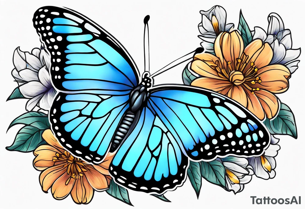 blue monarch butterfly on a line of flowers tattoo idea