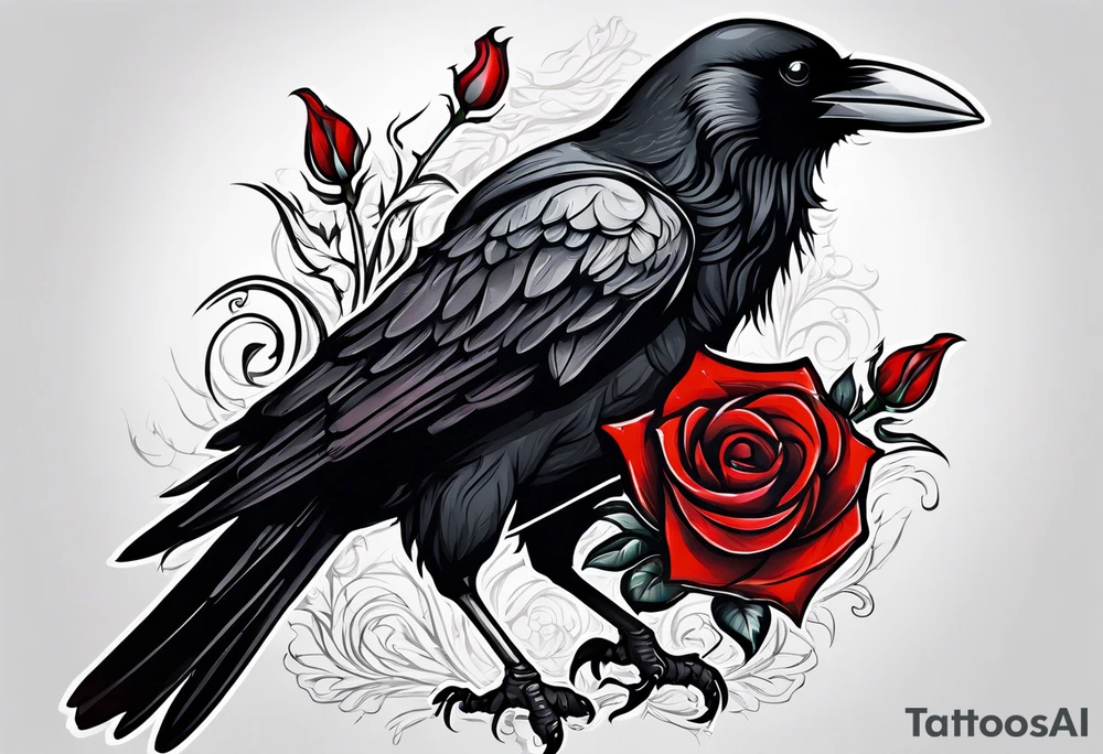 Crow standing holding a red rose tattoo idea