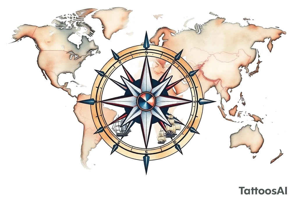 antique compass rose overlaid on weathered world map with sailing ships tattoo idea