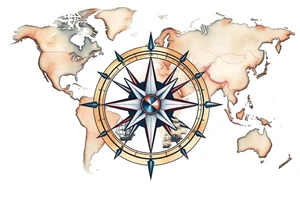 antique compass rose overlaid on weathered world map with sailing ships tattoo idea