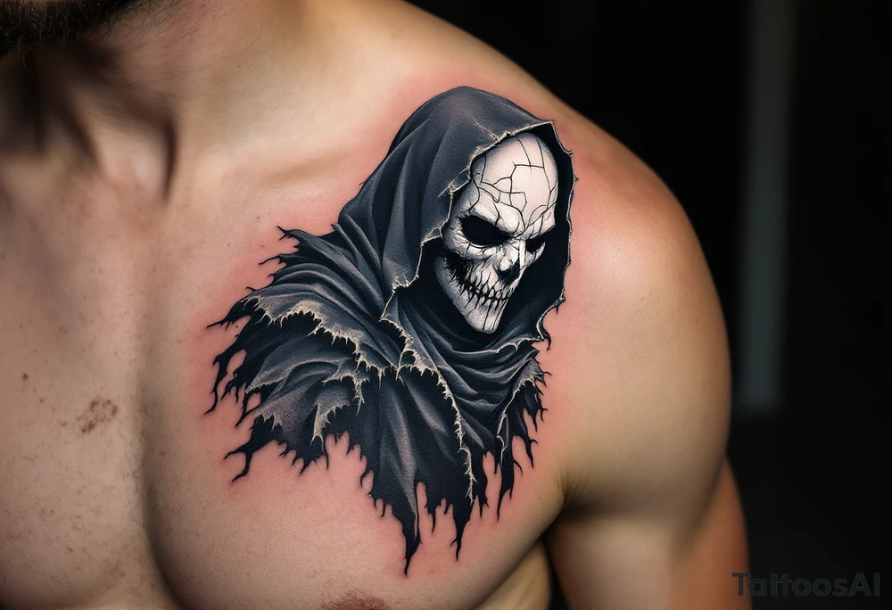 Plague Doctor with Broken Mask – A sinister doctor with a fractured porcelain-white mask, revealing hollow darkness beneath. The robes are dark gray with frayed edges, giving the figure an eerie, ghostly presence. tattoo idea