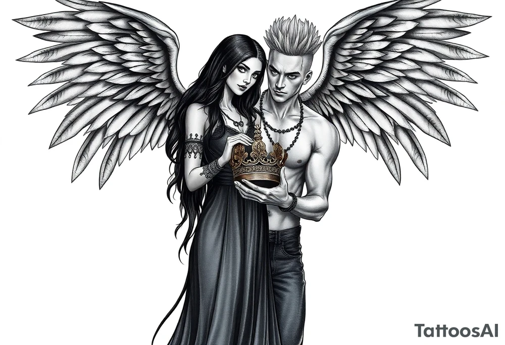 A Scorpio gypsy woman with wings like an angel and long black hair and green eyes holding a kings crown in her hands putting it on a tall man with silver short faux hawk hair and blue eyes. She is wearing a long flowing dress tattoo idea