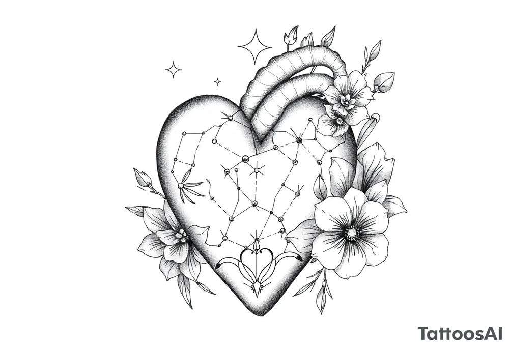 A medium tattoo on my heart including the constellation of Scorpio & Virgo as well as the flowers associated with October & Sperember tattoo idea