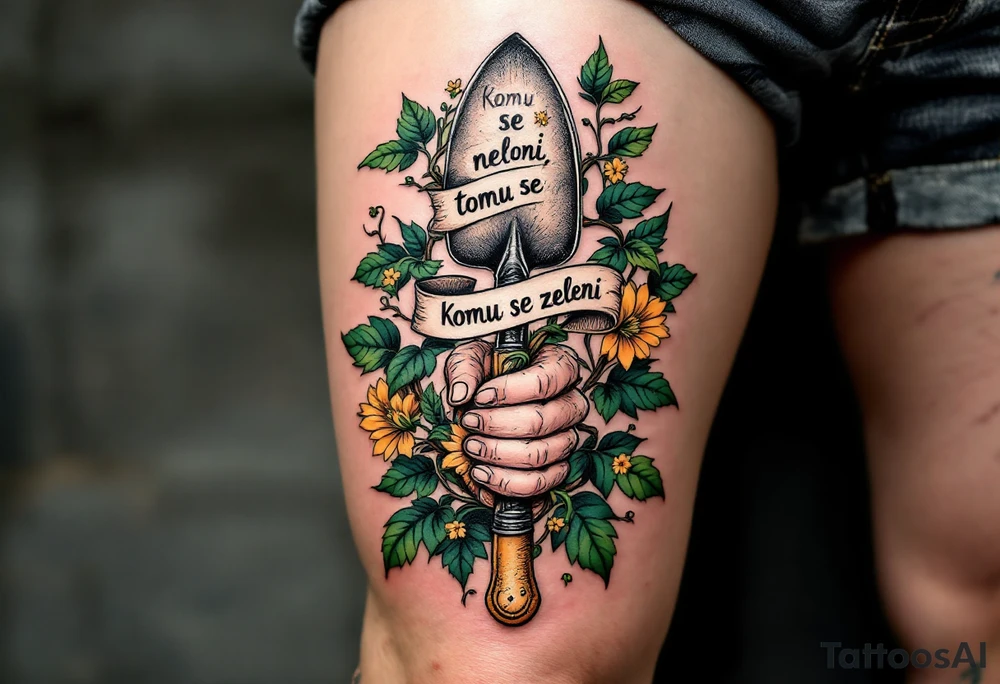 "Komu se neleni, tomu se zeleni." — Lush green vines wrapping around a pair of hard-working hands holding a trowel, with the phrase blooming along the handle. tattoo idea