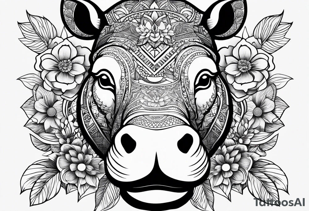 Hippo, flowers, moon, fine lines, tribal, geometric tattoo idea