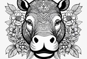 Hippo, flowers, moon, fine lines, tribal, geometric tattoo idea