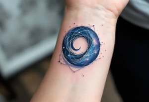 A bold navy blue spiral wrapped in thin silver threads, evoking a sense of cosmic energy. tattoo idea