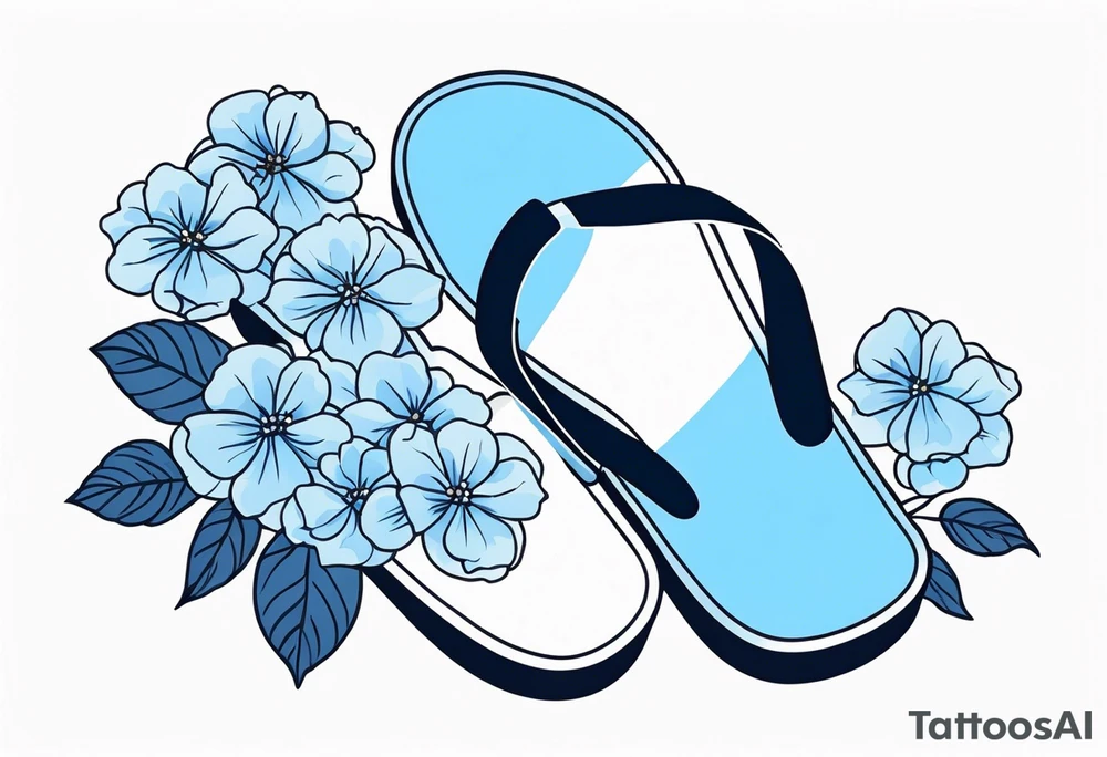 small tattoo of a light blue flip flop surrounded by blue hydrangea flowers tattoo idea