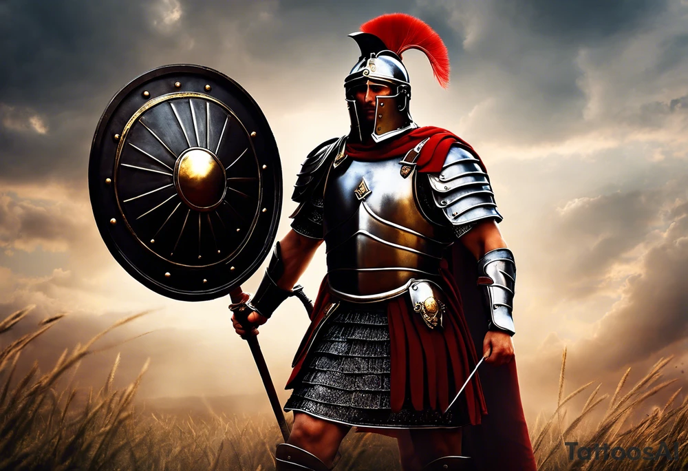 a high ranking roman soldier from AD 60, wearing armour which must include an armoured belt, breastplate, armoured shoes, shield, helmet and sword.
the soldier must look strong. the soldier is faceless. The image must include the full person, not just the top half. The soldier is mid-battle, fending off flaming arrows with his shield tattoo idea