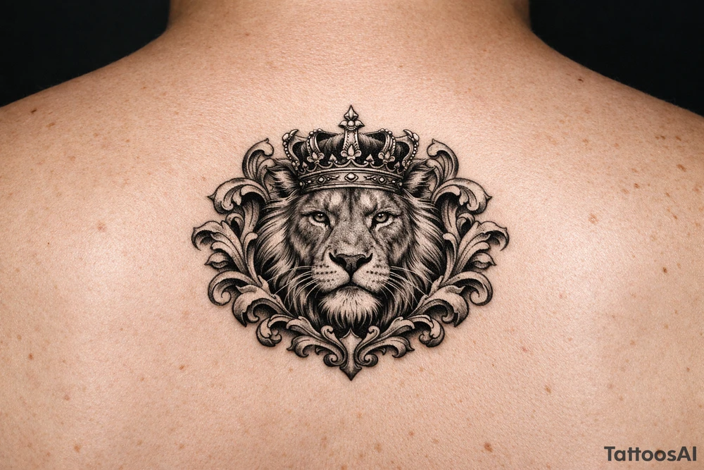 powerful majestic lion with a crown, framed by ornate floral scrollwork tattoo idea