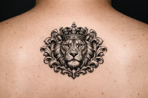 powerful majestic lion with a crown, framed by ornate floral scrollwork tattoo idea