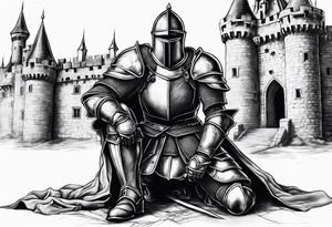 Wounded knight on his knees in front of castle tattoo idea