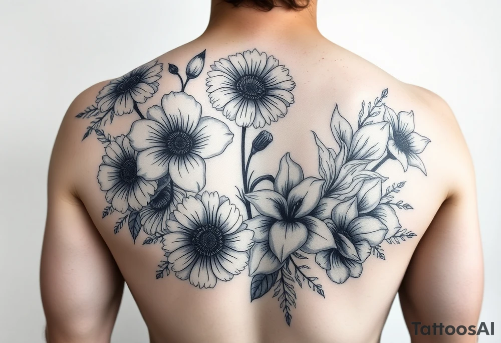 Half sleeve of Dark gothic florals with daisies, poppies,  white narcissus, sweet peas and gladiolus tattoo idea