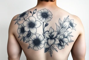 Half sleeve of Dark gothic florals with daisies, poppies,  white narcissus, sweet peas and gladiolus tattoo idea