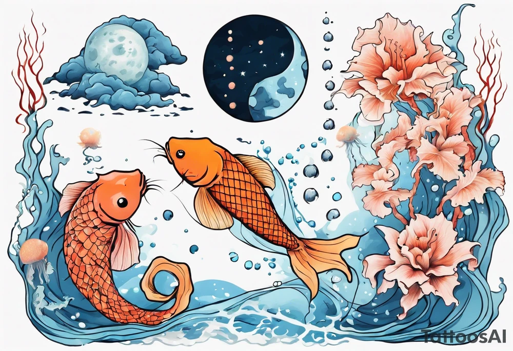 Water scene, featuring koi karp, jellyfish, seahorses and the moon. With nods to Pisces. tattoo idea