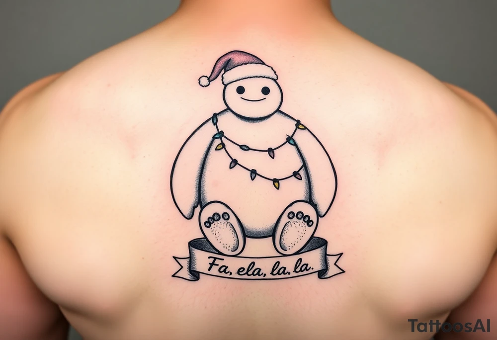 Disney Christmas themed sitting Baymax  wrapped up in Christmas lights and Santa hat with banner at bottom with "Fa-la-la-la-la" in writing tattoo idea