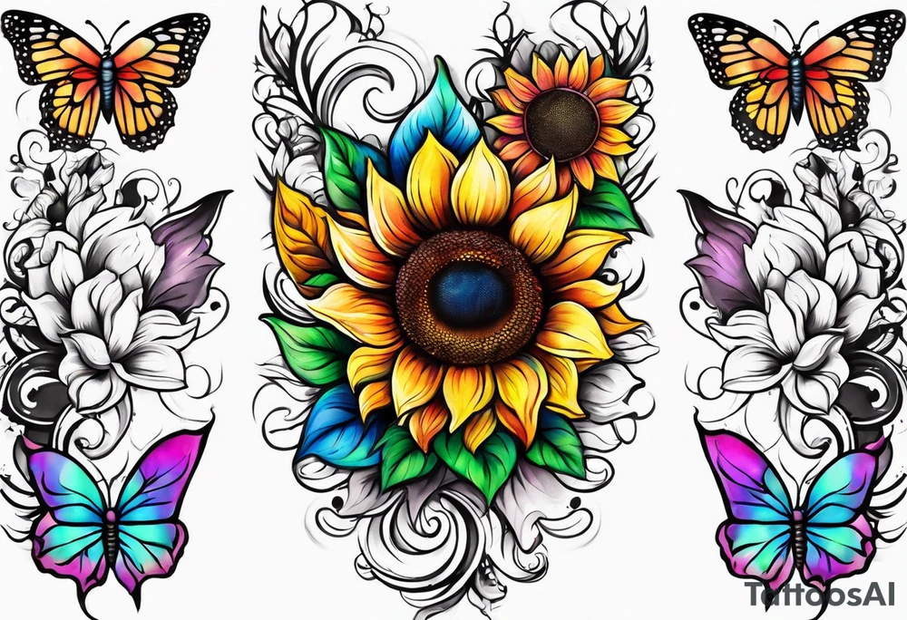 Memorial arm sleeve for mom with rainbow sunflowers and butterflies tattoo idea