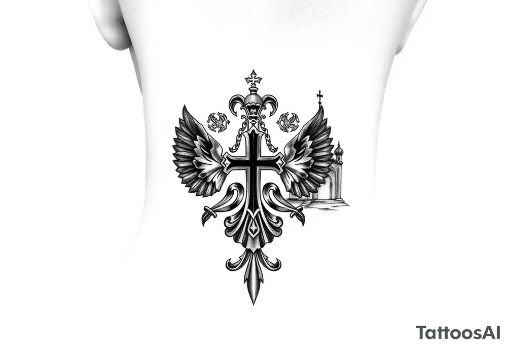 russian coat arms in a russian christian orthodox cross with the cross in the middle with a virgin mary & orthodox dome church on the side of the neck in a wilderness setting tattoo idea