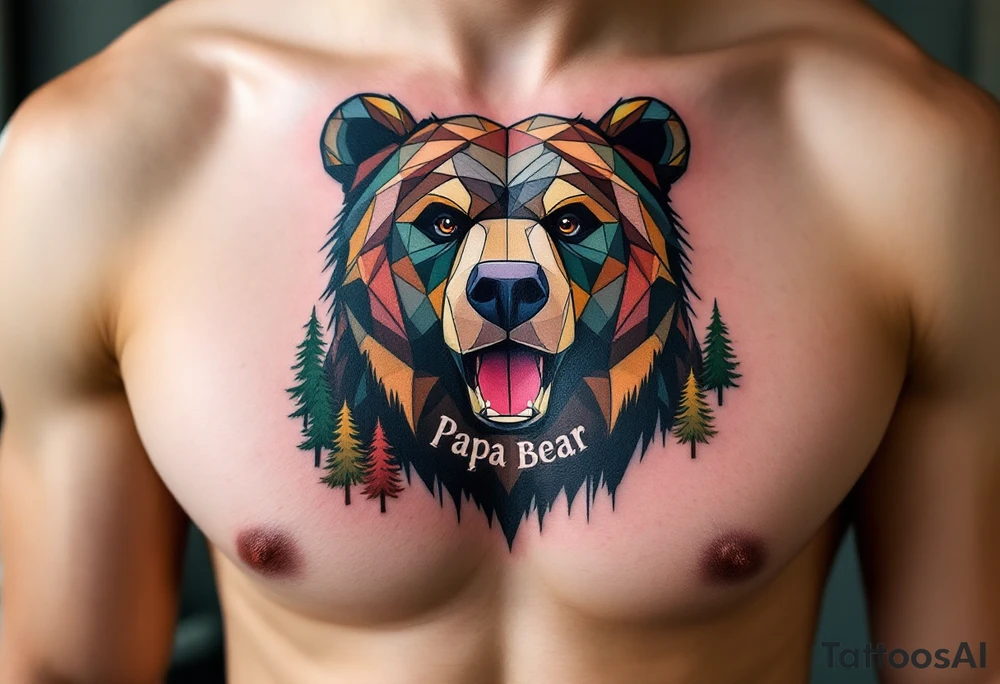 A geometric-style bear in forest colors with “Papa Bear” etched into the fur. tattoo idea