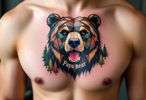 A geometric-style bear in forest colors with “Papa Bear” etched into the fur. tattoo idea