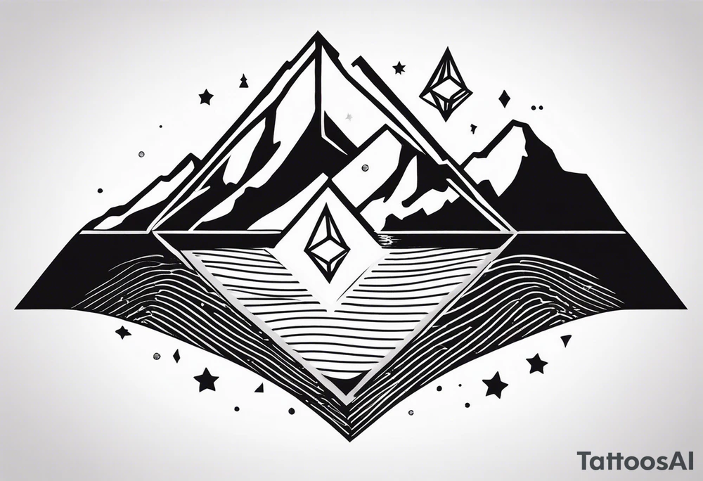 Übersetzter Text
tattoo fineline style, black, no fill, säntis mountain massif, water wave, a large semi-circle with two small colored stars frames the mountain peak, an open diamond as a geometric shape with dashed lines surrounds everything with the water overhanging the diamond, tattoo idea