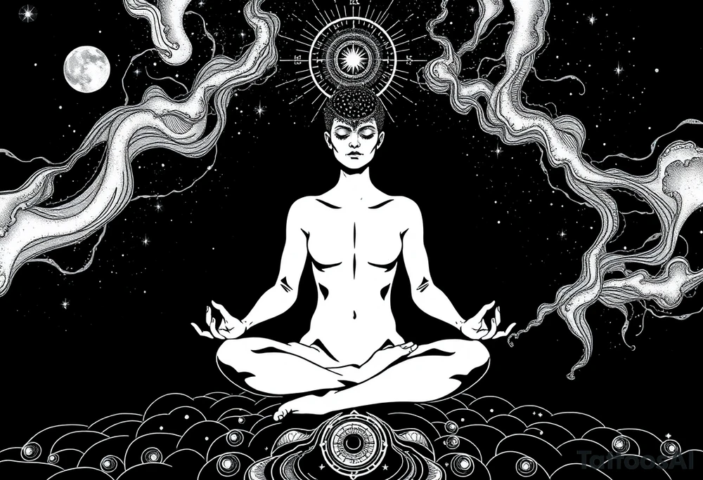 a figure - just a shadow /outline sitting in cross cross position meditating based on the lyrics “doing time in the universal mind” by the doors - with a psychedelic trippy background that correlates to TIME as the meditation expands out from his head into the universe / cosmos . the phrase TURNING KEYS and setting people free needs to be worked in there… flying keys? tattoo idea
