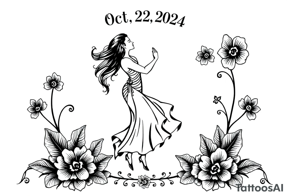 the date October 22, 2024. With the name ‘Lady’. salsa music and dancing elements. tattoo idea