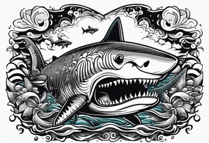 megalodon ni text vertically with the cute shark and the water wrapping around the text tattoo idea