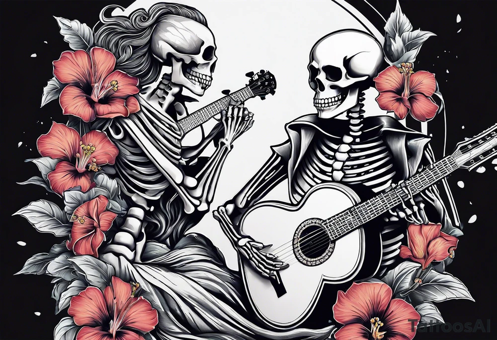 a male and a female skeleton. The male skeleton is playing the guitar. The female skeleton has a hibiscus flower. tattoo idea