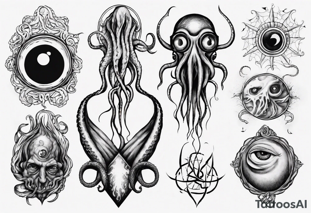 lovecraft long tattoo to put on the forearm, with eye and tentacle tattoo idea