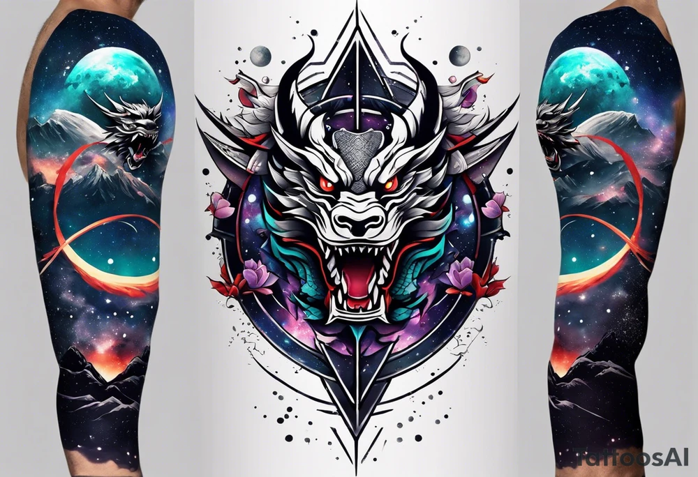 Design a full sleeve tattoo that incorporates a combination of Japanese and geometric themes. Central elements include a fierce dragon intertwined with a katana, symbolizing power and protection, with a samurai warrior standing strong in traditional armor. Surrounding this, integrate a galaxy scene with stars and nebulae, blending into the background to create a cosmic, otherworldly feel. Incorporate geometric patterns like the golden ratio, detailed lines, and precise shapes for structure and flow. Add traditional Japanese waves and delicate sakura blossoms scattered throughout, representing harmony and beauty, all merging into a cohesive design that wraps around the entire arm tattoo idea