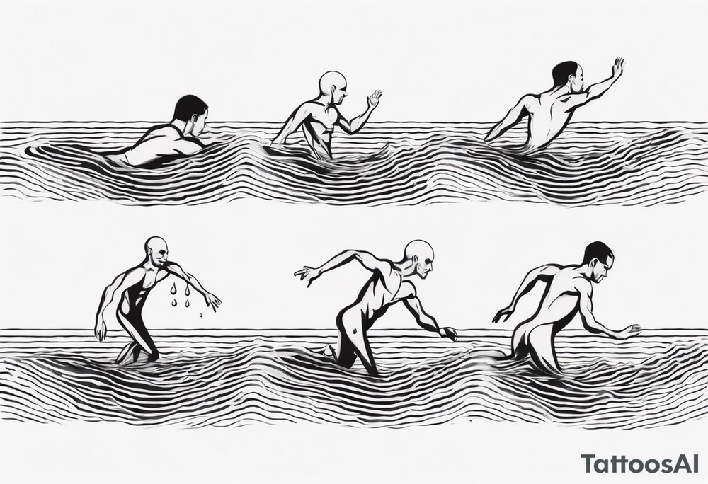 three lines mimicking water. A man horizontally crawl swimming in the water. The man is made from simple lines only tattoo idea