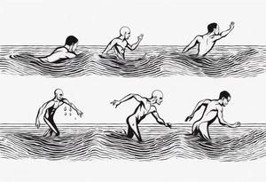 three lines mimicking water. A man horizontally crawl swimming in the water. The man is made from simple lines only tattoo idea