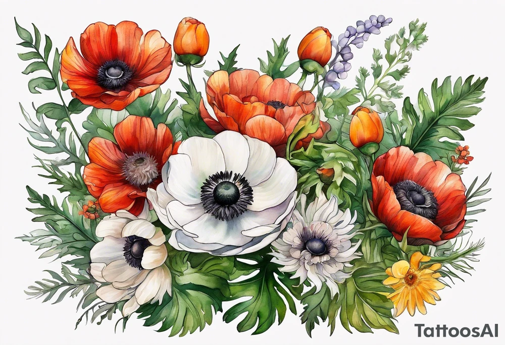 a white anemone with black center with thistles, green ferns, ranuculus, sun flowers, red flowers, ping flowers, orange flowers, yellow flowers all in watercolor tattoo idea