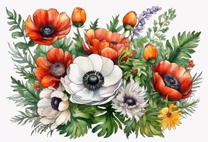 a white anemone with black center with thistles, green ferns, ranuculus, sun flowers, red flowers, ping flowers, orange flowers, yellow flowers all in watercolor tattoo idea