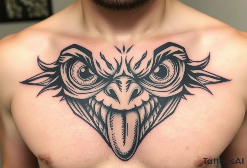 Eyes big and small on my chest for a man terrorizing with his eyes and very large teeth with a lizard tongue tattoo idea