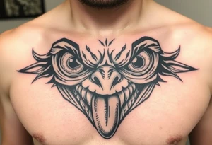 Eyes big and small on my chest for a man terrorizing with his eyes and very large teeth with a lizard tongue tattoo idea