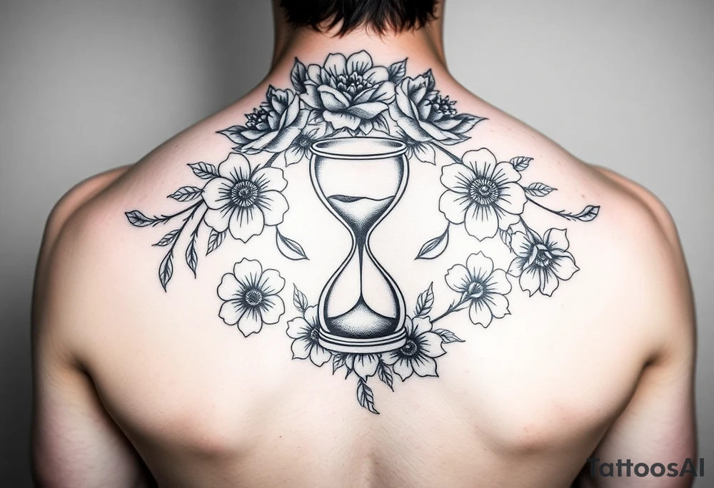 A full back tattoo with soft florals at the top. In the middle, there’s an hourglass. And below it is soft, florals, connecting to the flowers at the top. tattoo idea
