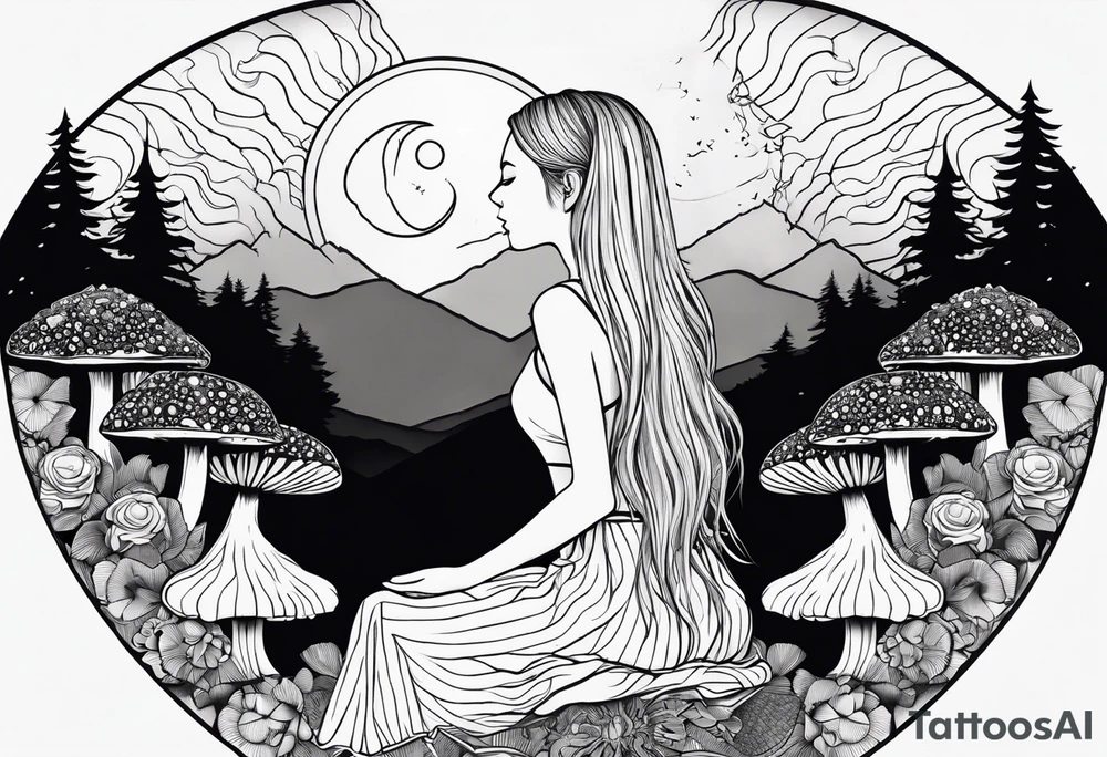 Straight blonde hair girl meditating facing away toward mountains surrounded by mushrooms crescent moon mandala circular design black and white striped dress tattoo idea
