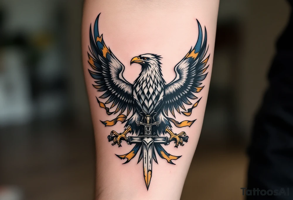 Battle-Worn Silesian Eagle with Torn Banners – A strong, battle-scarred eagle with ripped blue and yellow banners flowing behind it, representing the resilience of Silesia. The eagle's claws clutch an old sword or a scroll with historical inscriptions, adding a storytelling element. tattoo idea