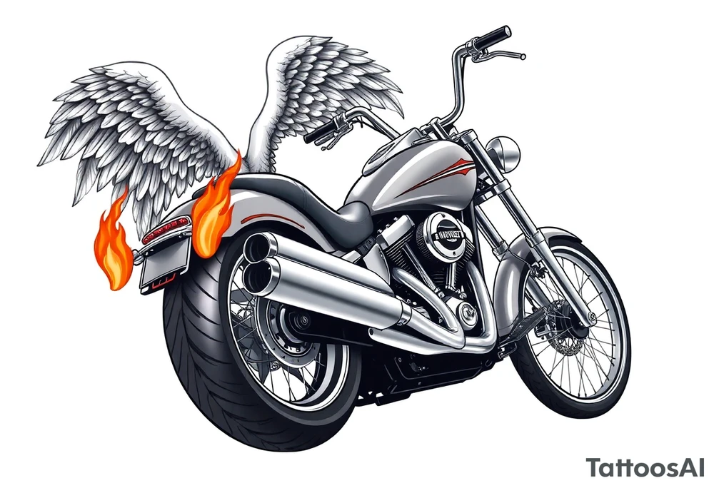 Low rider grey motorcycle, big muffler pipes with flames, angel wings, driving away, no person tattoo idea