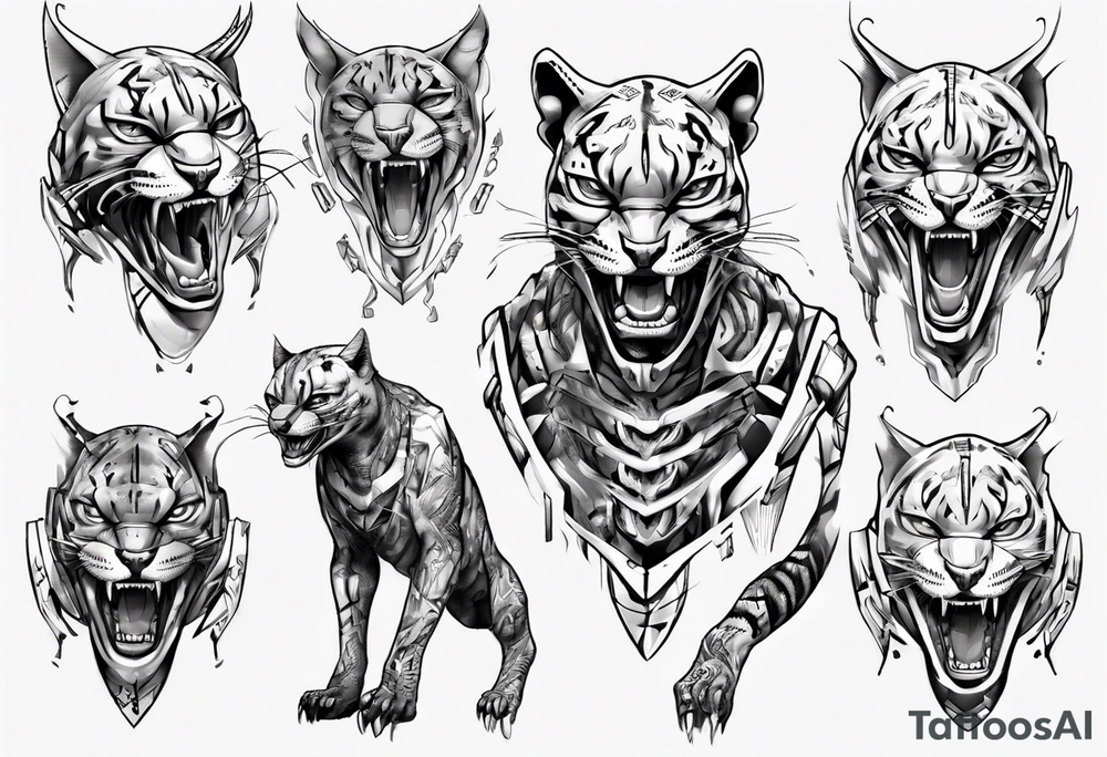 cybernetic ocelot full body teeth showing tattoo idea
