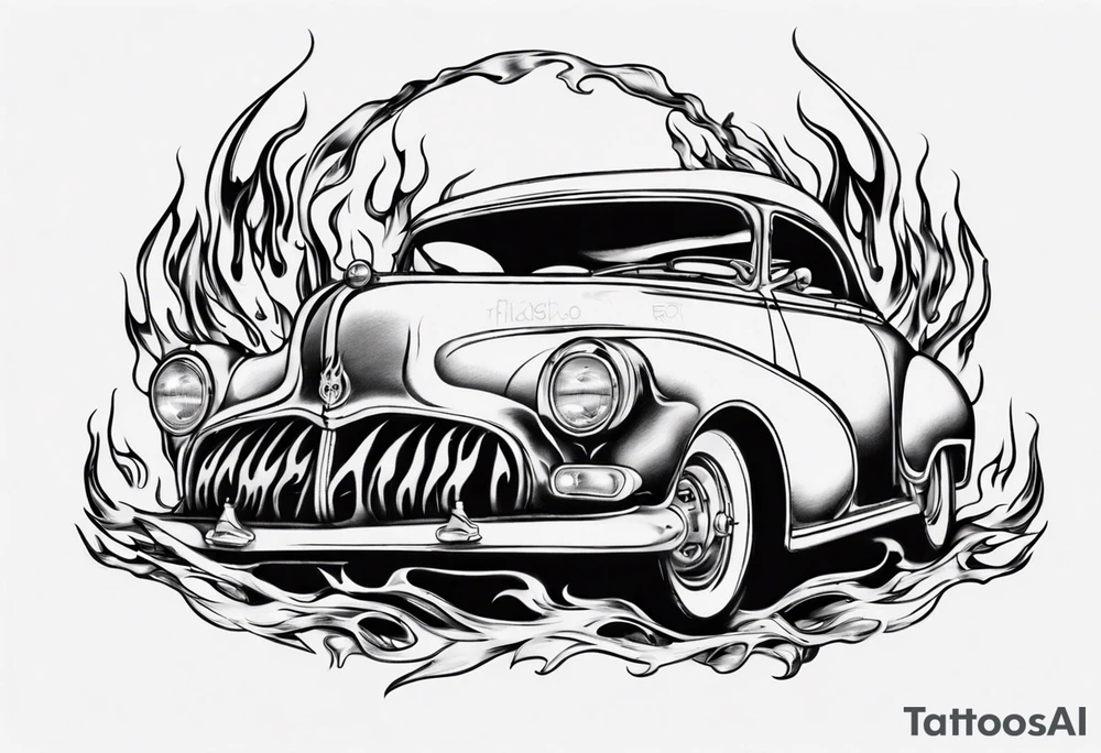 vintage classic car with flames coming out of the bonnet and a skeleton head at the top of the flames tattoo idea