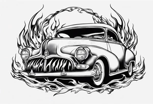 vintage classic car with flames coming out of the bonnet and a skeleton head at the top of the flames tattoo idea