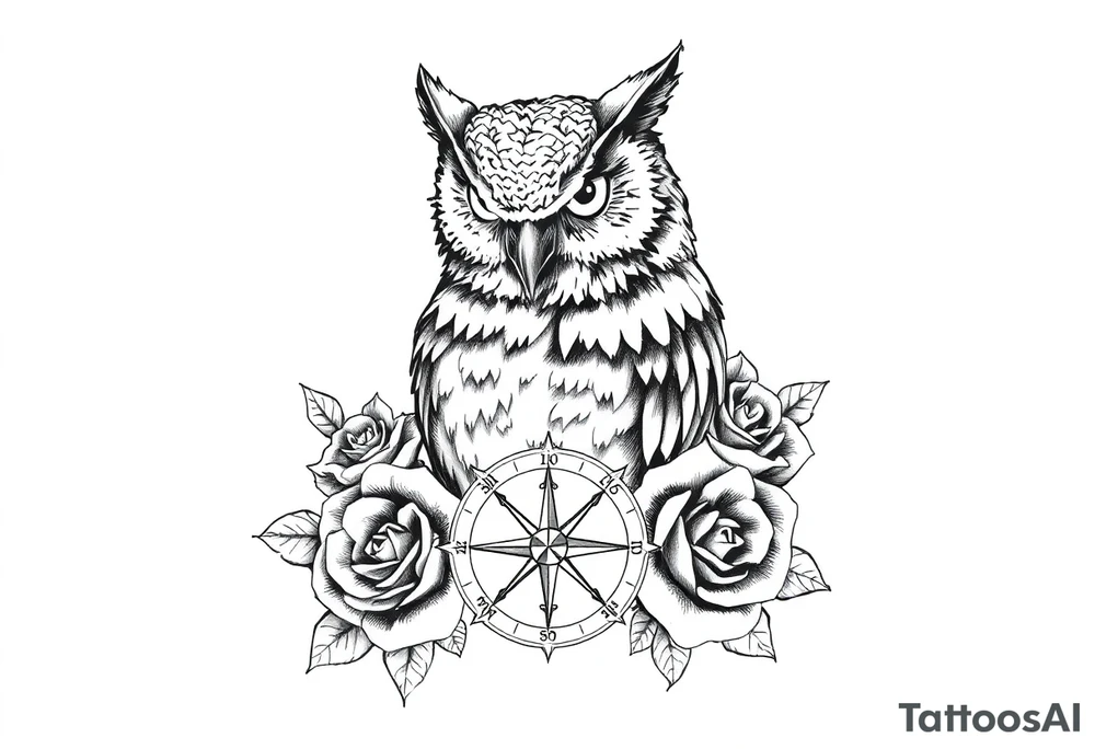 an owl,compass,roses, tattoo idea