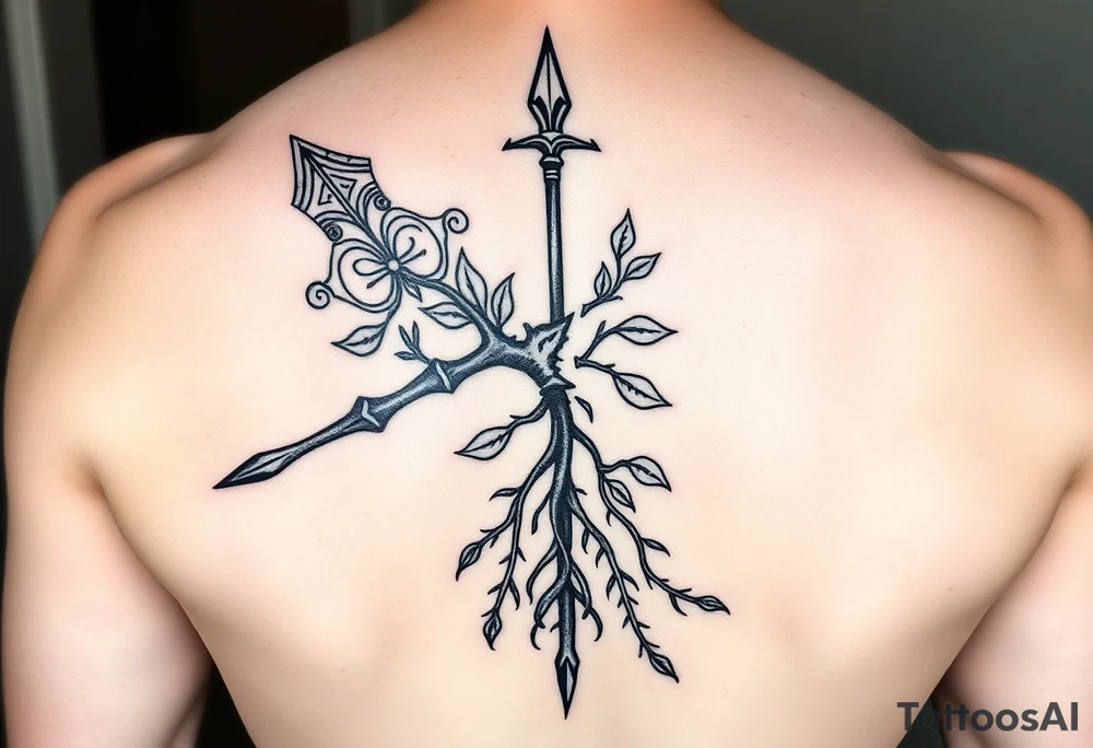 A broken spear with roots growing through it, tribal blackwork style, symbolizing healing through soul, not ego. 
One side traditional tribal pattern (e.g. Polynesian spear motifs), the other cracked but reforged with symbols of soul: leaves, stars, or water. 
The roots at the bottom, the spear at the top, this would go on my arm. tattoo idea