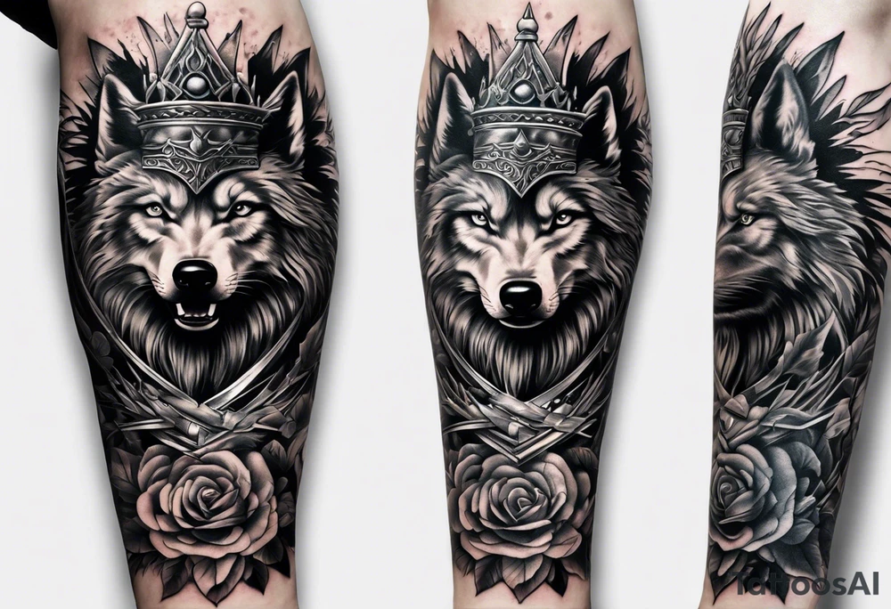 Create a vision of arm tattoo sleeve with combination of sword, crown, tree and three wolves to represent clients family roots tattoo idea