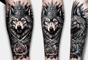 Create a vision of arm tattoo sleeve with combination of sword, crown, tree and three wolves to represent clients family roots tattoo idea